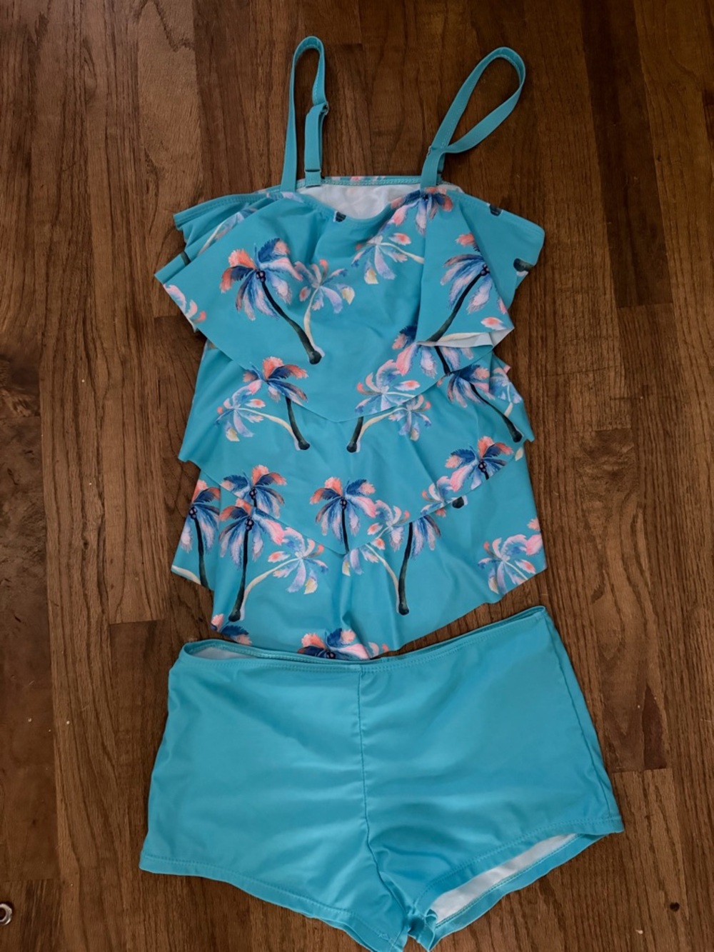 Women's Teal Palm-Print Ruffle Tankini with Swim Shorts